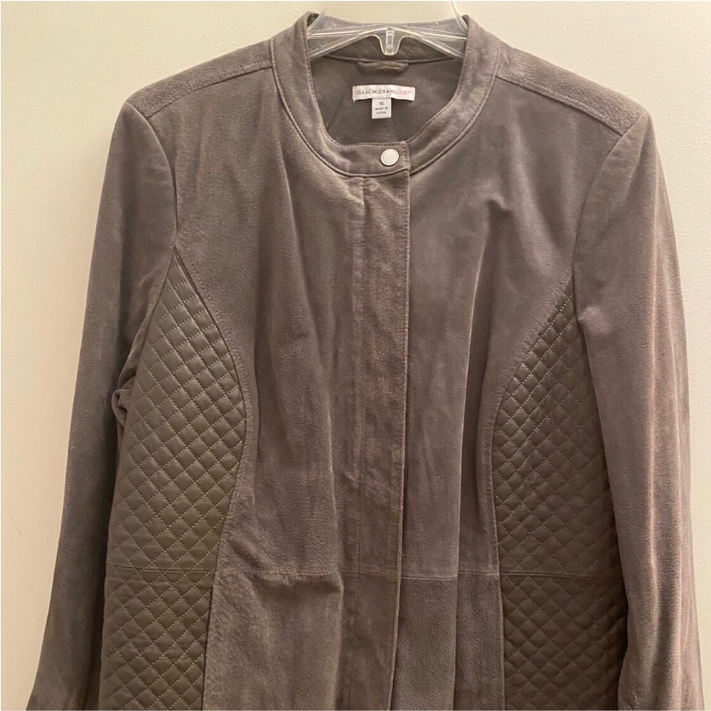 Suede Jacket w Lamb Leather quilted detail. pockets, moto biker casual office